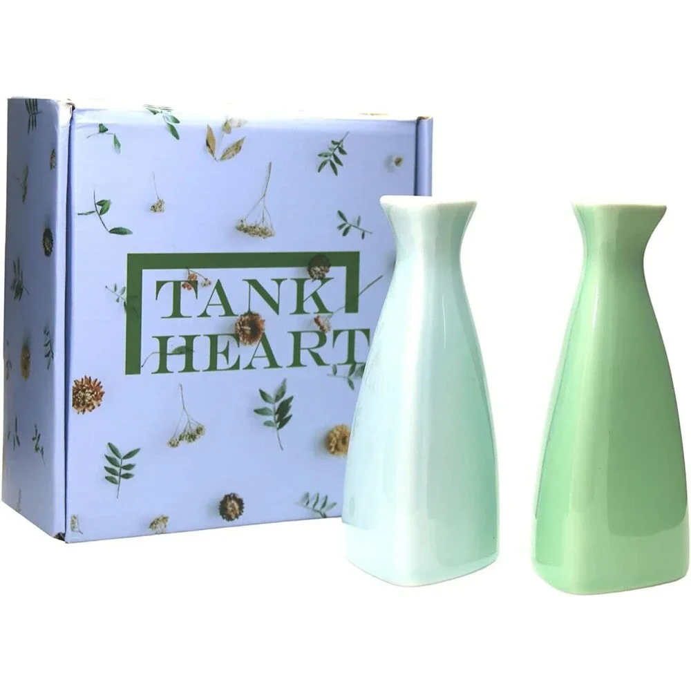 Set of 2 Celadon Small Bud Vase for Flowers Mini Vases for Decor, Green & Blue
